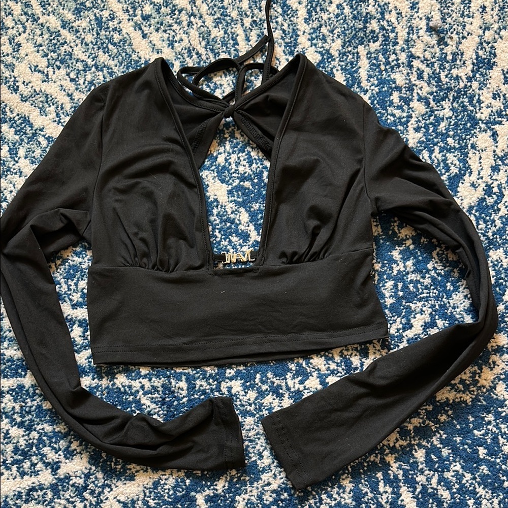 Black Long Sleeve Crop Top with Silver Detail
